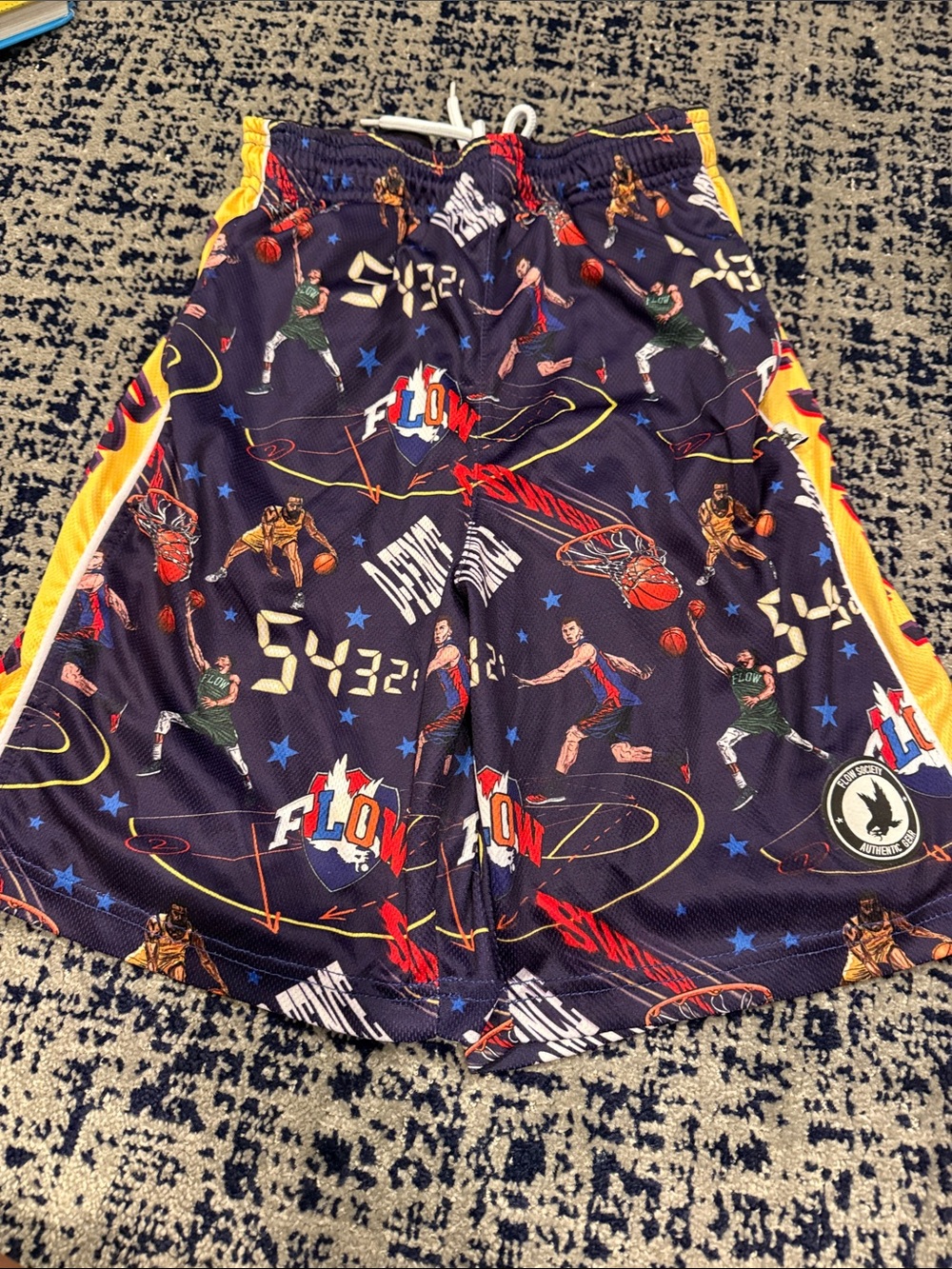 Flow Society Navy Athletic Shorts with Yellow Trim and Multicolor Graphics